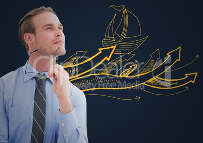 Business man thinking against yellow boat doodle and navy background