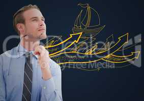 Business man thinking against yellow boat doodle and navy background