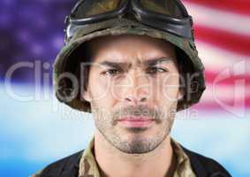 soldier in front of usa flag