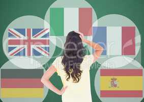 main language flags around youn woman thinking. dark green background