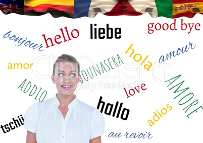 main language flags over young businesswoman