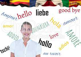 main language flags over young businesswoman