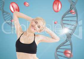 happy sporty woman with her hand on the head with dna chain and blue background