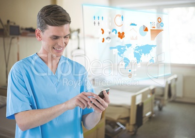 Doctor on mobile phone with interface in hospital room