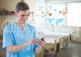 Doctor on mobile phone with interface in hospital room