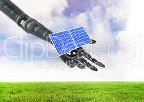 solar panel on robot hand in field