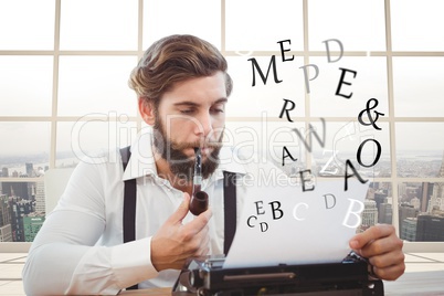 Hipster man with a pipe reflecting on his typewriter in front of sea background