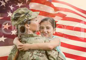 woman soldier with daughter in front of usa flag