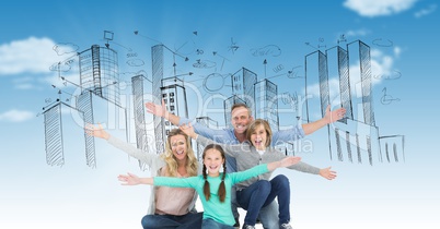 Digital image of family with arms outstretched sitting against buildings on sky