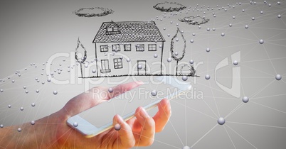Digital composite image of hand holding smart phone with house against networking background