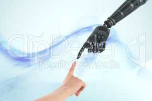 Human and robot touching their fingers in blue background