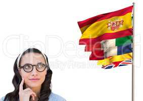 main language flags near young woman with glasses thinking