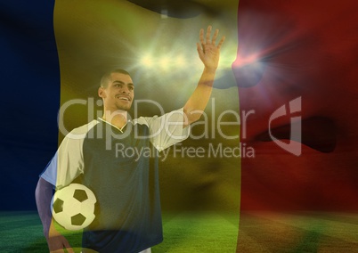 Soccer player weaving at the fans superimpose with flag
