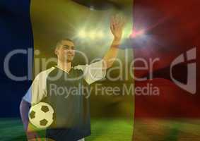 Soccer player weaving at the fans superimpose with flag