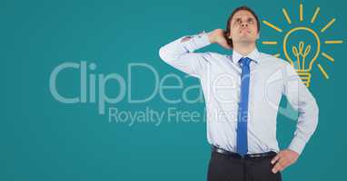Business man scratching head against blue background with yellow lightbulb graphic