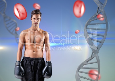 Boxer man with DNA chain and red things in a blue background