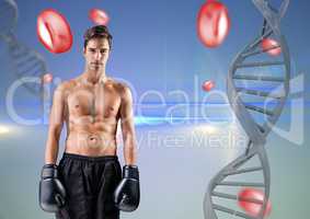 Boxer man with DNA chain and red things in a blue background