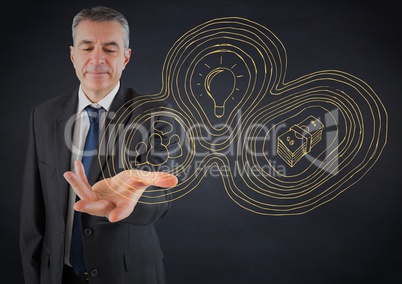 Business man hand out with yellow business doodle against navy background