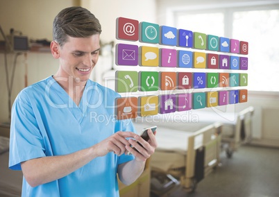 Doctor on mobile phone with apps icons in hospital room