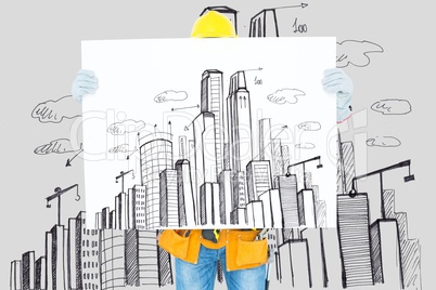 architect showing cityscape plan against cityscape drawing background