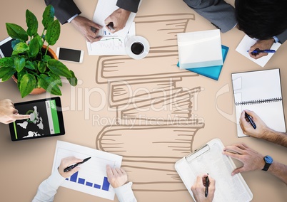 Overhead of business team with cream background and book doodle