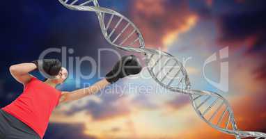 woman boxing  with silver DNA chain. Sky background