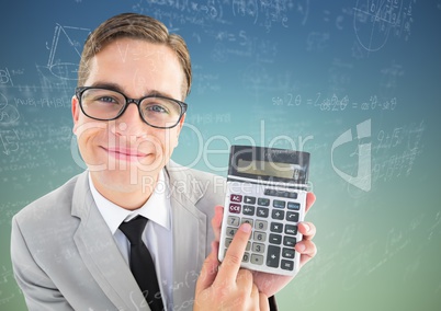 Man looking up with calculator and math doodles against blue green background