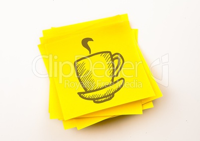 Brown coffee graphic against yellow sticky note