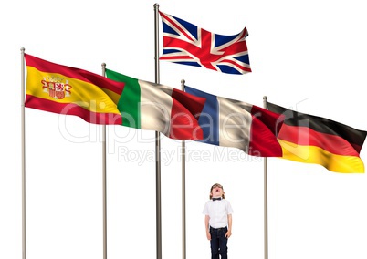 main language flags over boy looking up