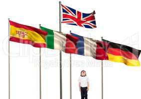 main language flags over boy looking up