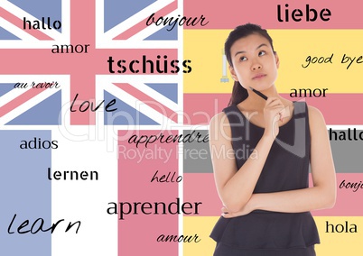 main language flags background with young woman thinking and word in different languages
