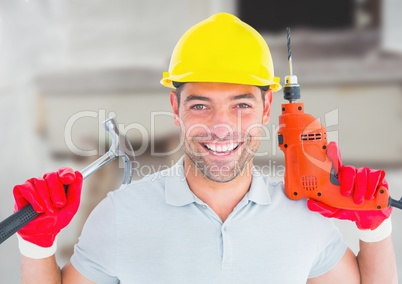 Carpenter with tools on building site