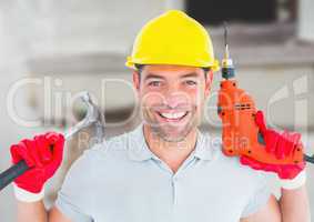 Carpenter with tools on building site