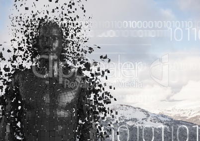 White binary code against black male AI and snowy mountain tops