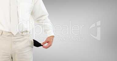 man with white suit and with empty pocket. Grey background