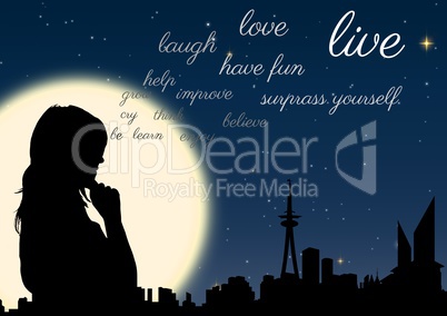 woman silhouette at night in front of the moon with words coming up from her