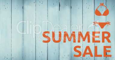 Orange summer sale text and bikini graphic against blue wood panel