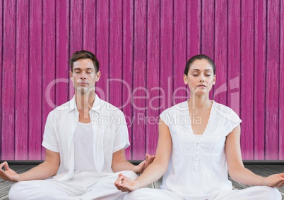 fitness yoga couple with pink wood background