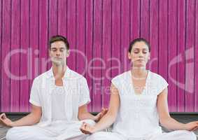 fitness yoga couple with pink wood background