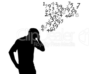 man thinking silhouette with numbers coming  up from his head. White background