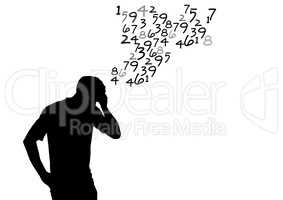 man thinking silhouette with numbers coming  up from his head. White background