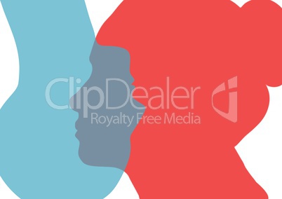 Woman and man heads silhouettes in red and blue.