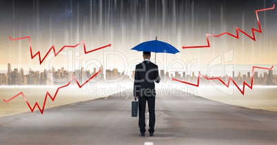 Digital composite image of lightning arrows on blue umbrella held by businessman with briefcase stan
