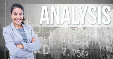 Digital composite image of businesswoman with arms crossed standing by analysis text against numbers