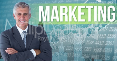 Digital composite image of businessman standing by marketing text against numerical background and g
