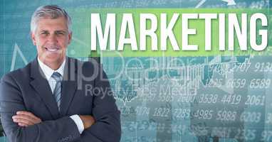 Digital composite image of businessman standing by marketing text against numerical background and g