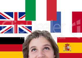 main language flags around foreground of young woman.
