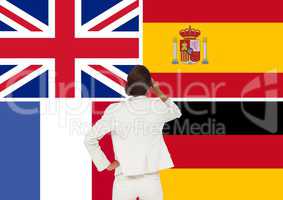 main language flags around woman with the back facing
