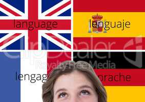 main language flags with language word in them. young woman foreground