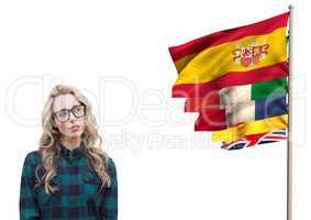 main language flags near young blond hair woman thinking